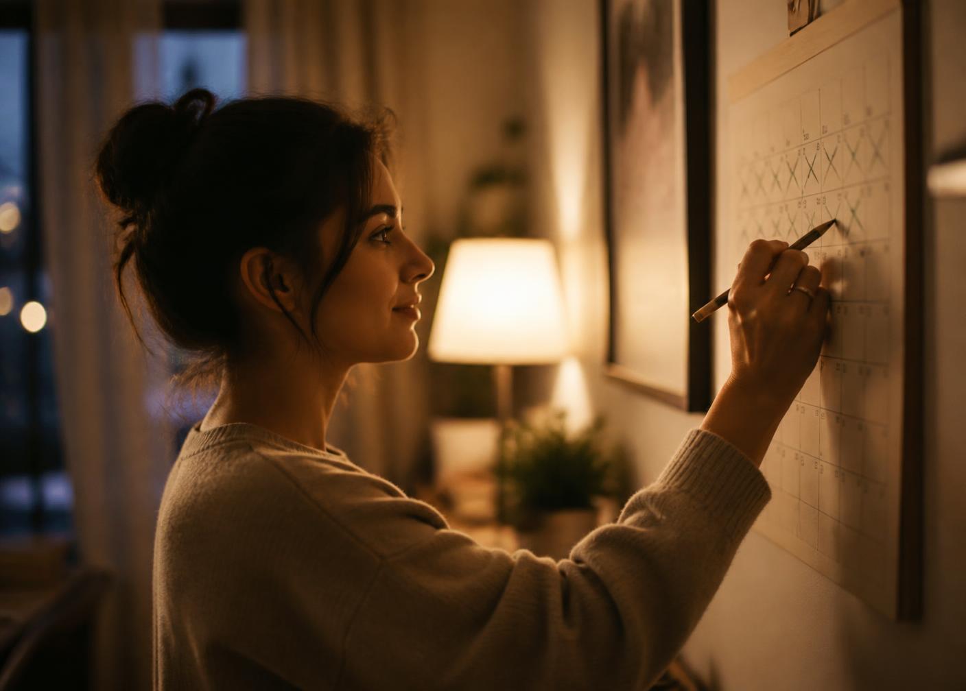 Mulher marcando o progresso diário em um calendário de papel em casa