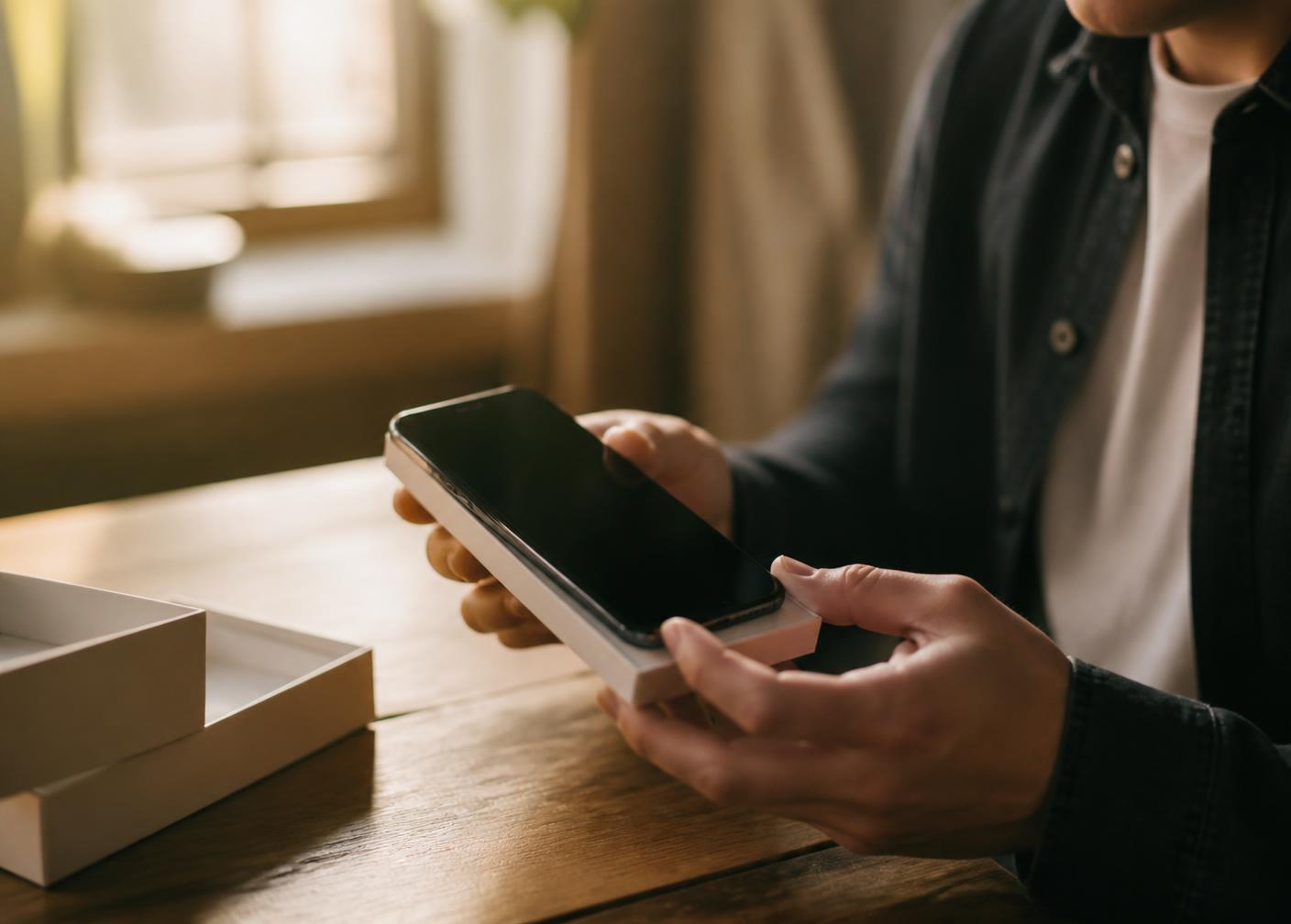 Mãos abrindo a caixa de um celular novo sobre uma mesa de madeira