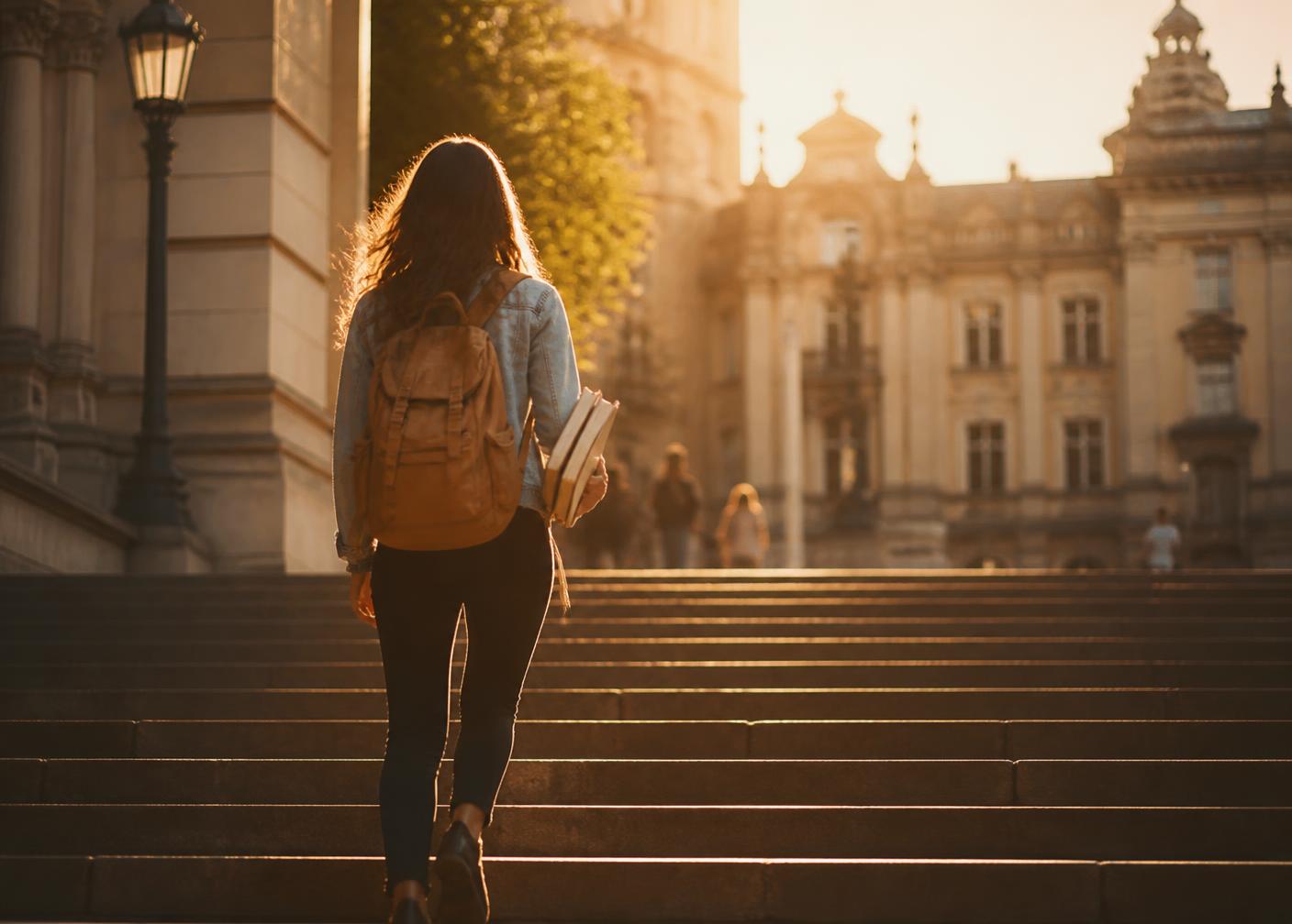 Estudante subindo os degraus da universidade na luz do fim da tarde