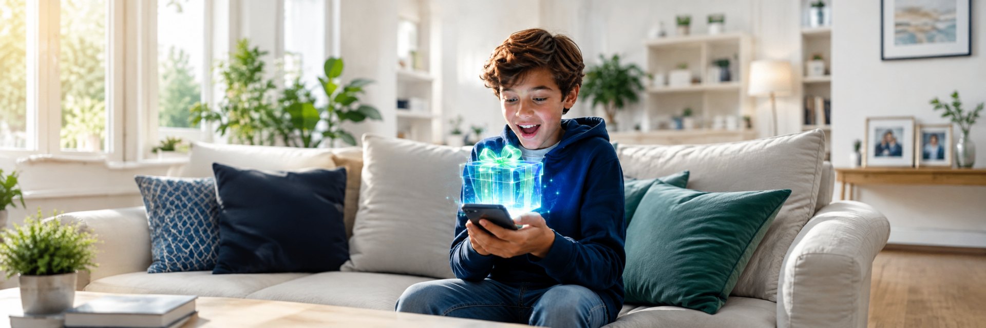 Child smiling at a glowing gift appearing from a smartphone